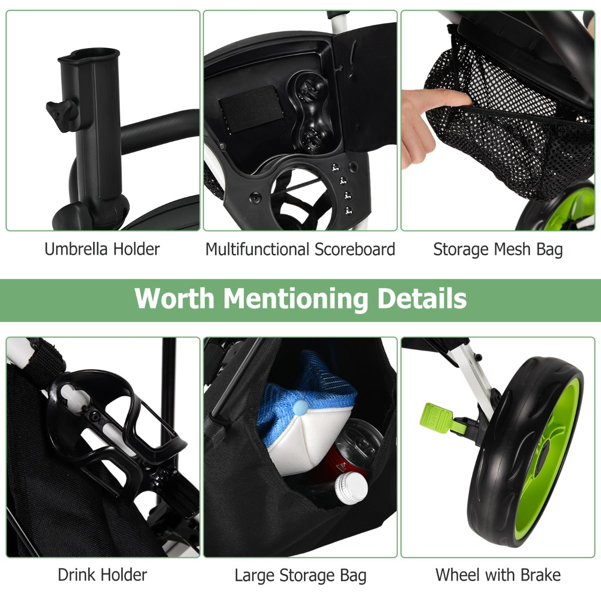 LIVSK Golftrolley Aluminium - Inklapbaar - Verstelbare Handgrepen - Parapluhouder - Opbergtas - Tot 100 kg - Groen/Blauw/Grijs