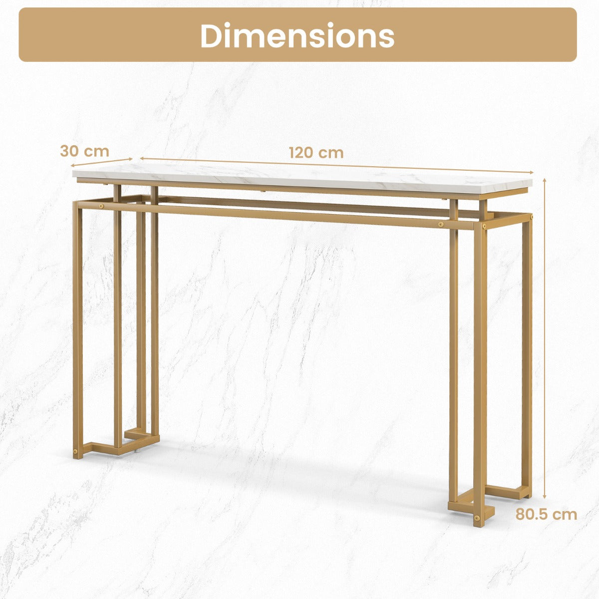 LIVSK Consoletafel Modern - Wit Marmeren Blad - Gouden Metalen Frame - 120 x 30 x 80,5 cm - Verstelbare Voetsteunen - Wit + Goud