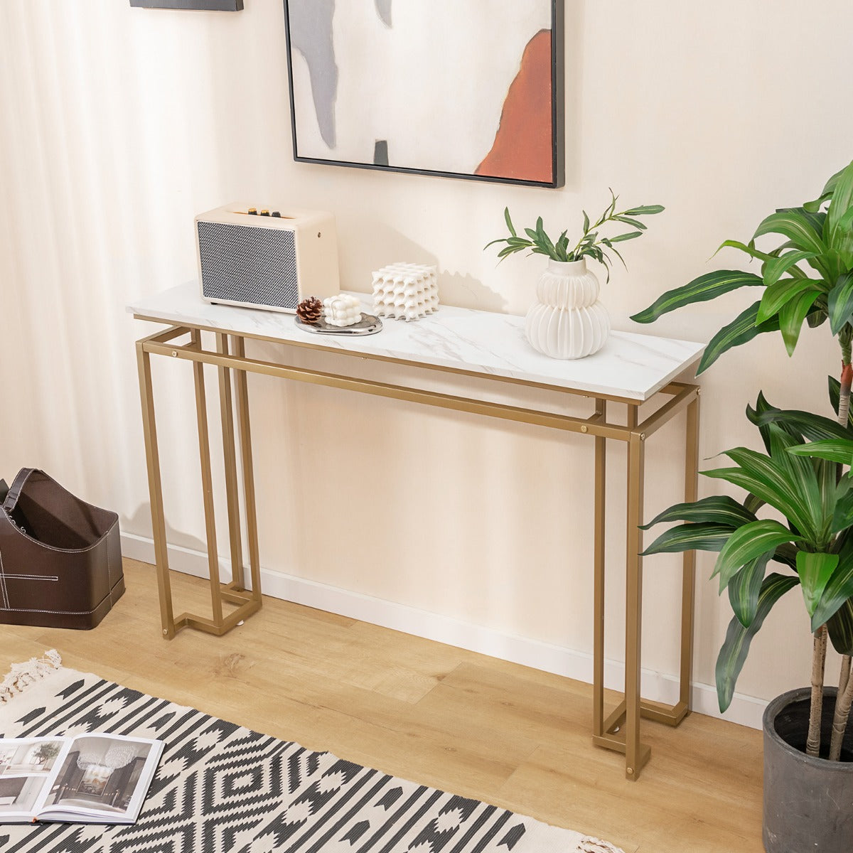LIVSK Consoletafel Modern - Wit Marmeren Blad - Gouden Metalen Frame - 120 x 30 x 80,5 cm - Verstelbare Voetsteunen - Wit + Goud