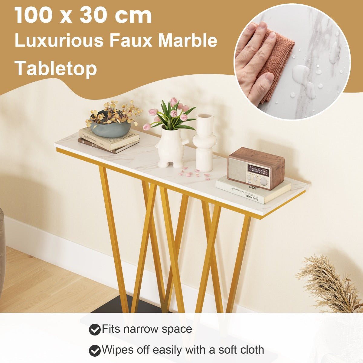 LIVSK Haltafel met Imitatiemarmeren Blad - W-vormig Frame - Brede Basis - Anti-kantelsets - 100 x 30 x 79 cm - Wit + Goud + Zwart