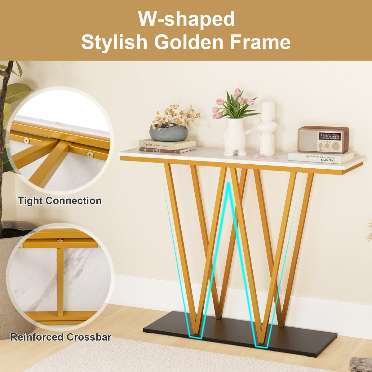 LIVSK Haltafel met Imitatiemarmeren Blad - W-vormig Frame - Brede Basis - Anti-kantelsets - 100 x 30 x 79 cm - Wit + Goud + Zwart