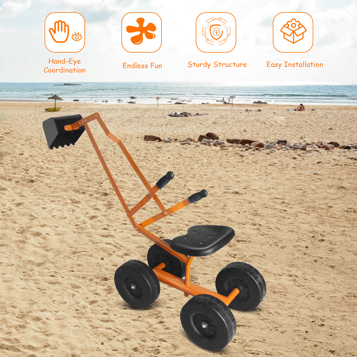 LIVSK Zandgraafmachine 360° Draaibaar - Stevige Metalen Constructie - Antislip Wielen - Voor Kinderen Vanaf 3 Jaar - Oranje
