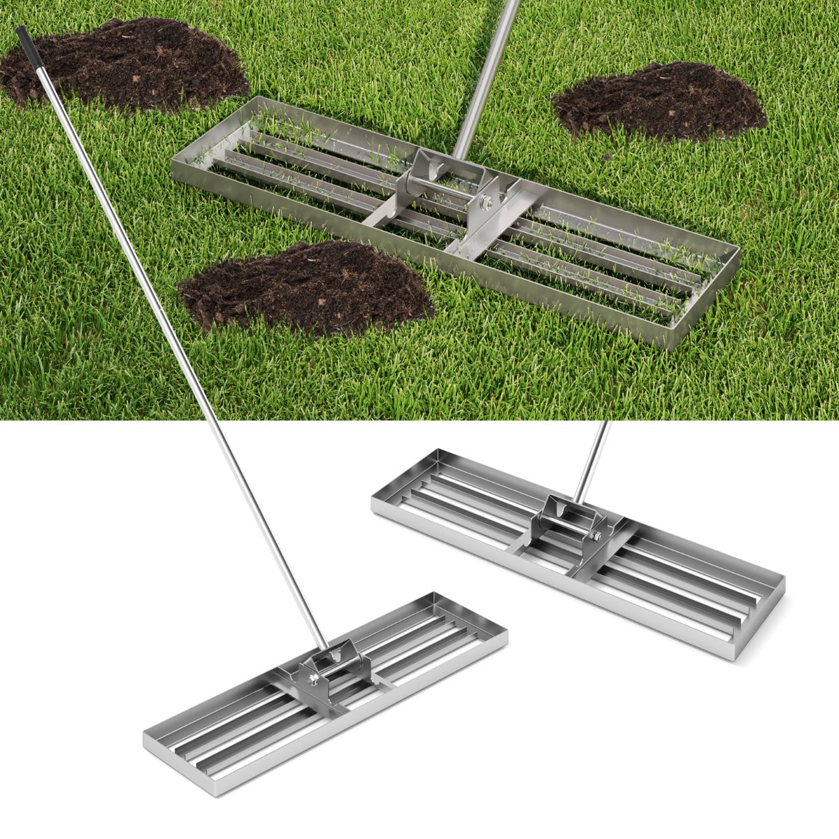 LIVSK Gazonhark met Ergonomisch Handvat - 91 x 25 cm Blad - Duurzaam Metaal - Eenvoudig Op te Bergen - Zilver