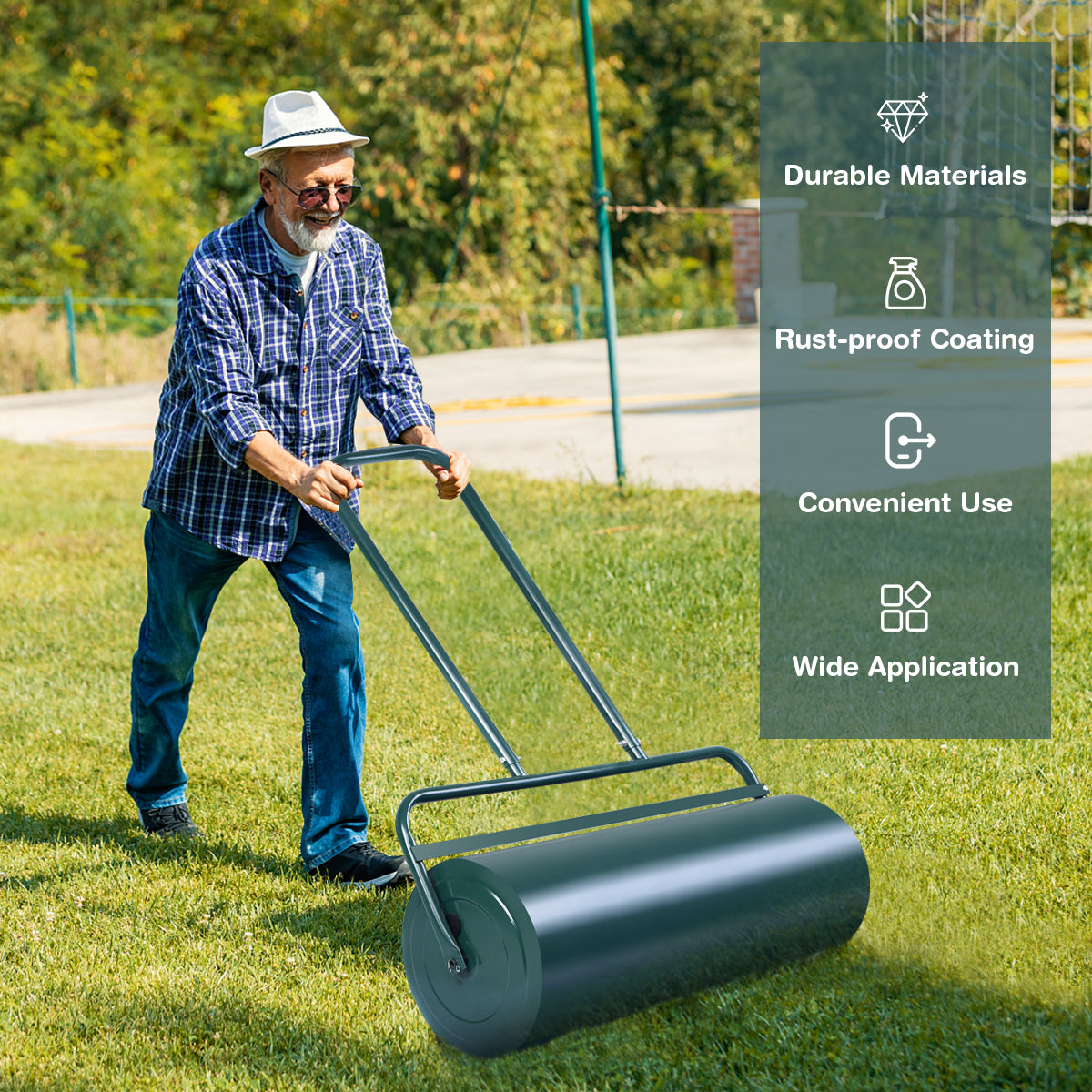 LIVSK Gazonroller - Handwals met U-vormige Handgreep - Vulbaar met Water/Zand - Tot 63 L - Lichtgewicht en Compact - Groen