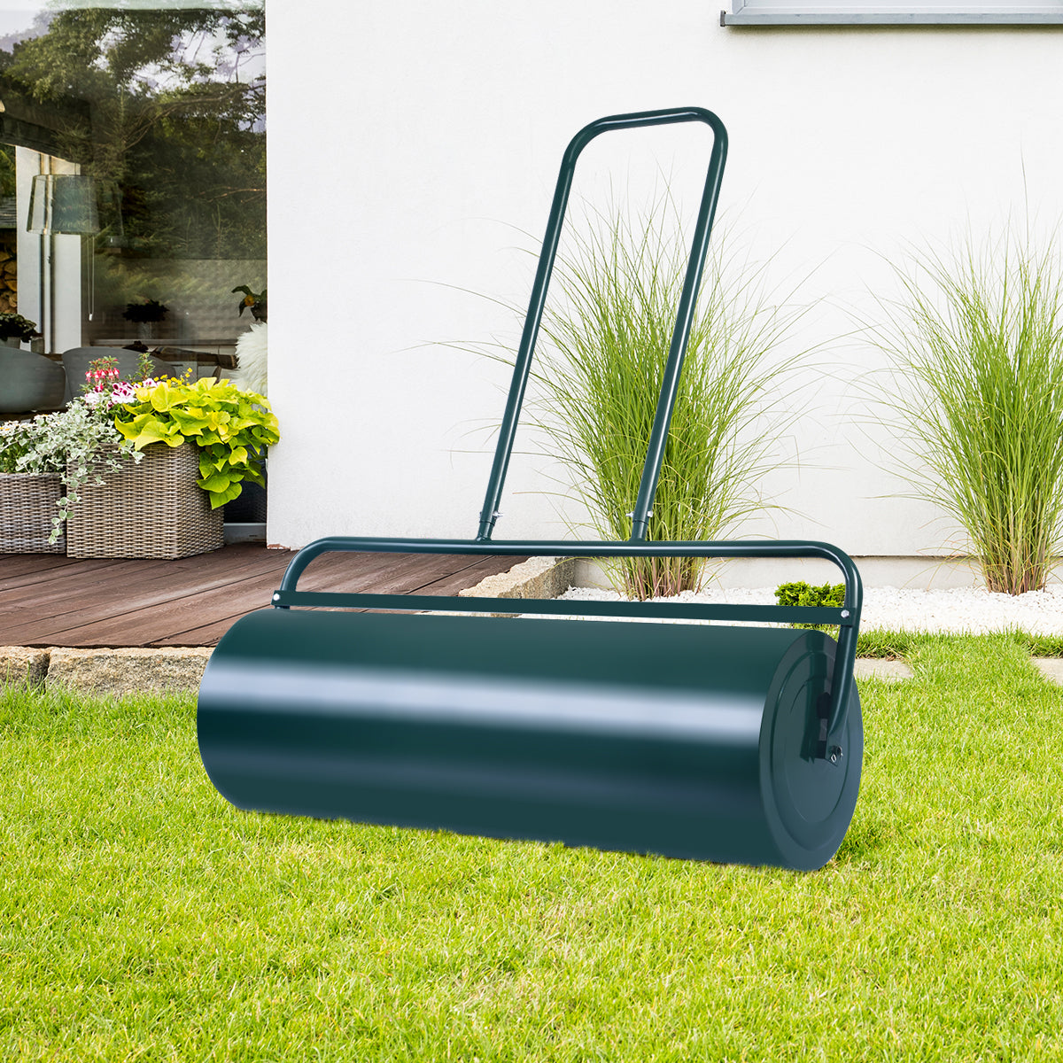 LIVSK Gazonroller - Handwals met U-vormige Handgreep - Vulbaar met Water/Zand - Tot 63 L - Lichtgewicht en Compact - Groen