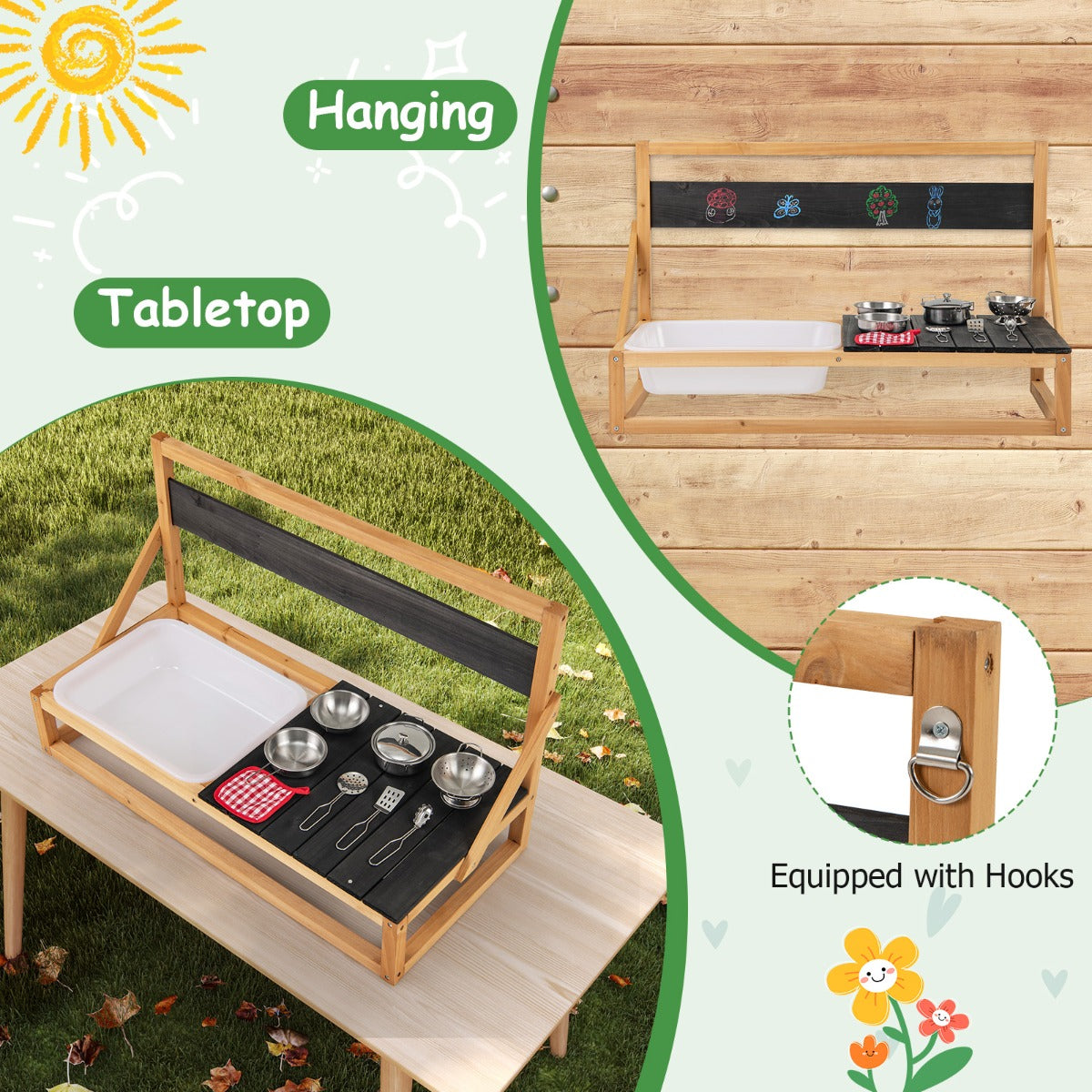 LIVSK Houten Speelkeuken voor Kinderen - Wand/Tafel Montage - Inclusief Accessoires en Gootsteen - Voor 3 jaar en ouder - Zwart +
