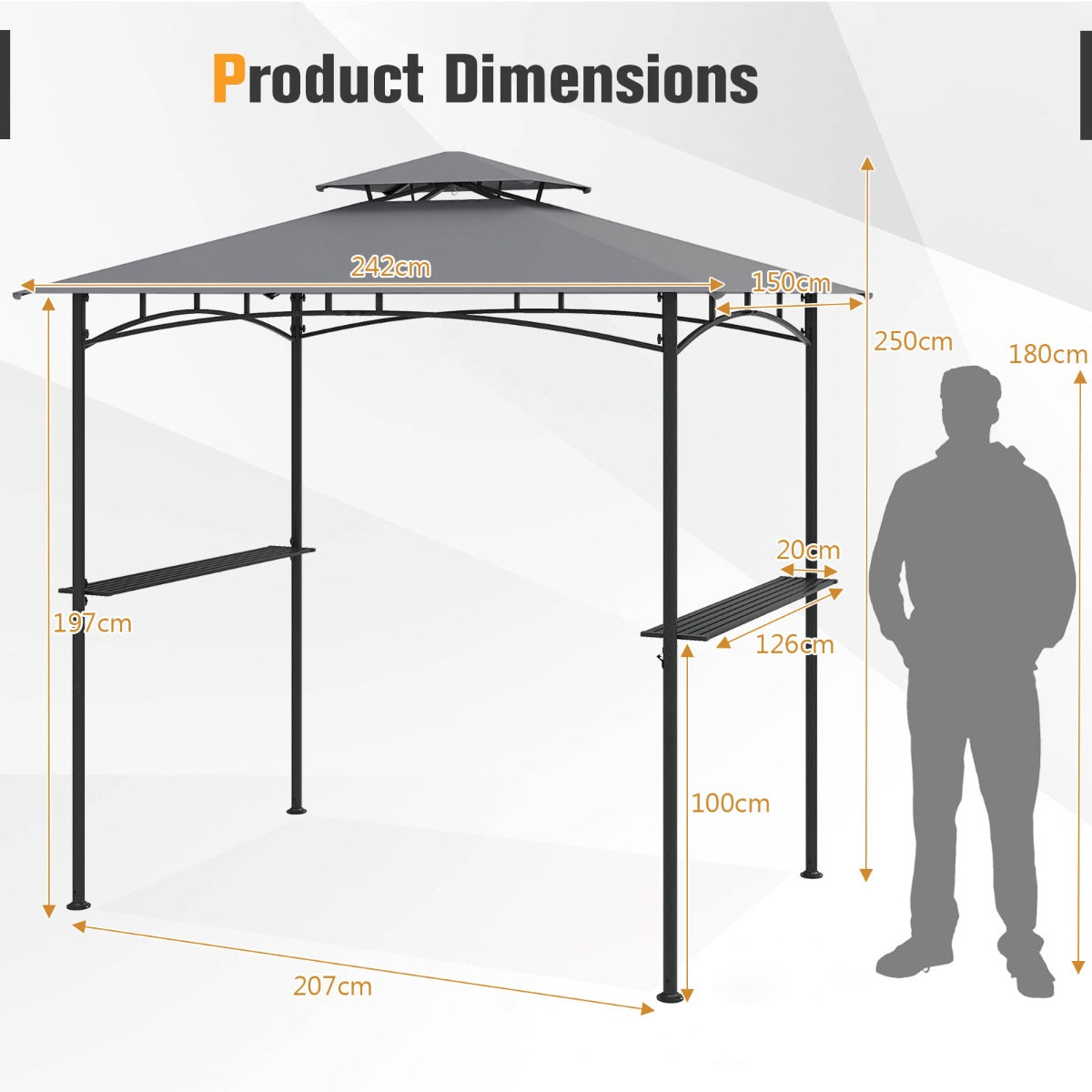 LIVSK Grillpaviljoen met Dubbel Dak - 2 Zijplanken - 6 Haken - Ingebouwde Flesopener - 242 x 150 x 250 cm - Grijs