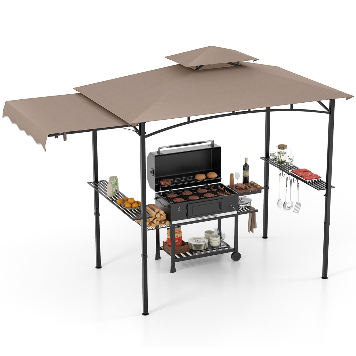 LIVSK Grillpaviljoen met Zijluifel - Dubbeldak - Roestvrijstalen Frame - Vlamvertragend Polyester - 318 x 153 x 250 cm - Bruin