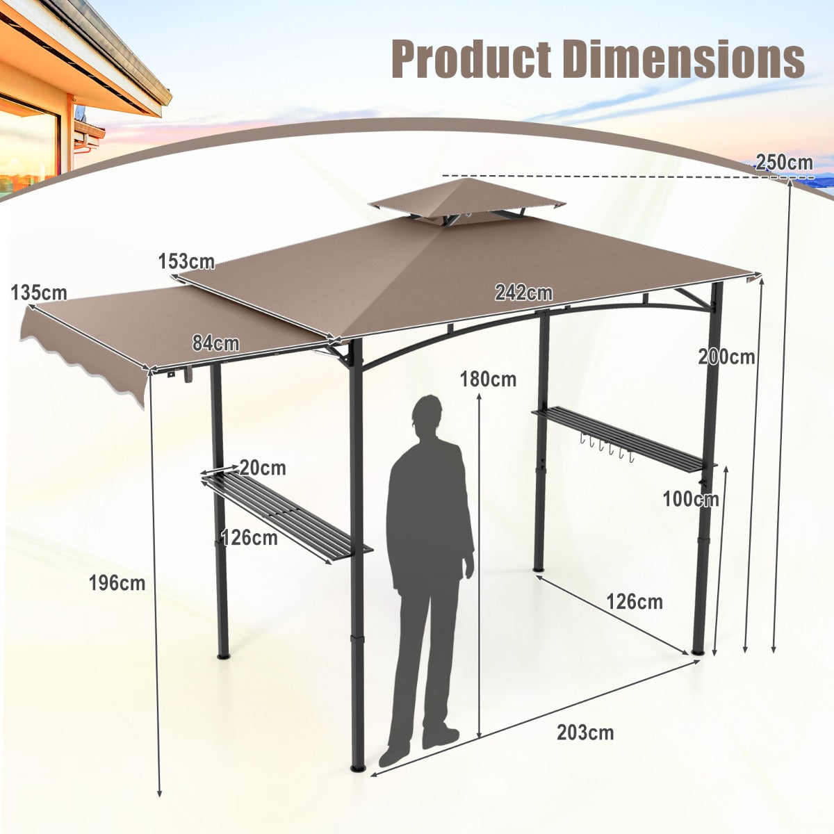 LIVSK Grillpaviljoen met Zijluifel - Dubbeldak - Roestvrijstalen Frame - Vlamvertragend Polyester - 318 x 153 x 250 cm - Bruin