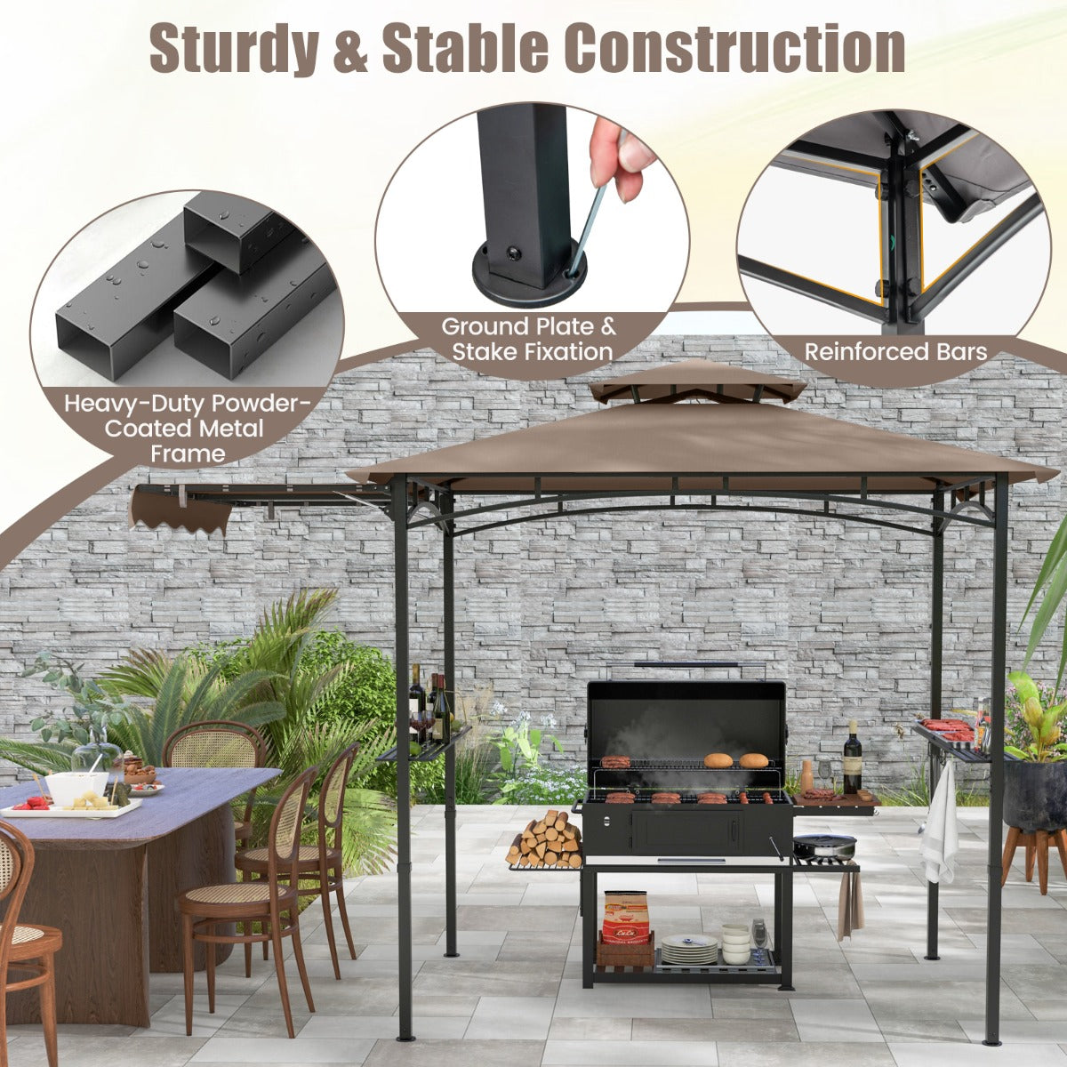 LIVSK Grillpaviljoen met Zijluifel - Dubbeldak - Roestvrijstalen Frame - Vlamvertragend Polyester - 318 x 153 x 250 cm - Bruin