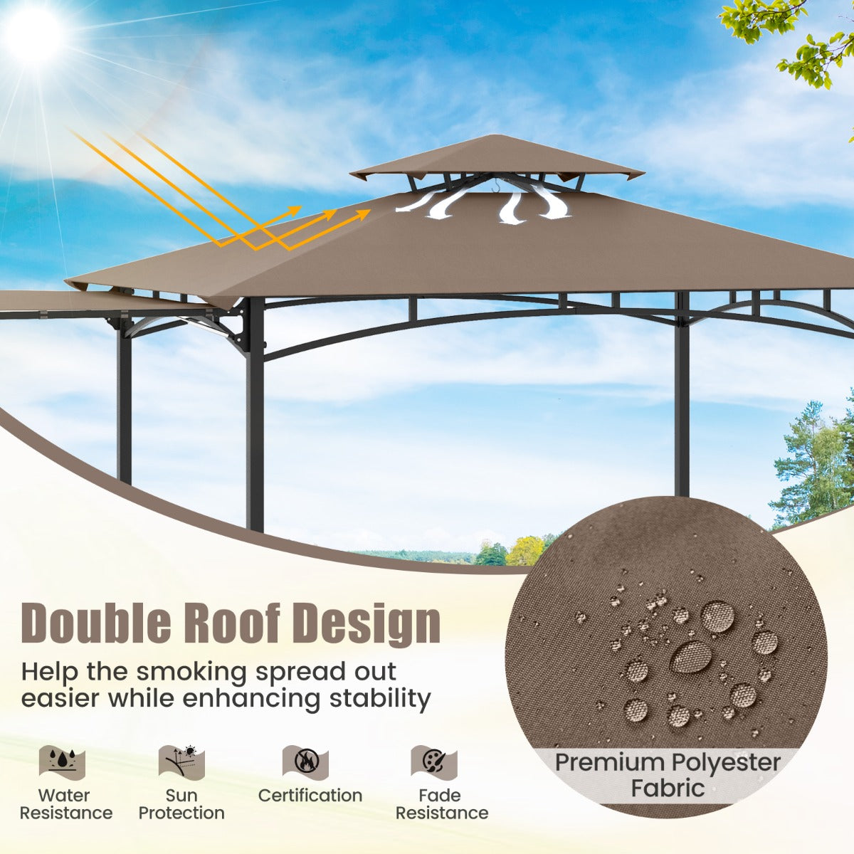 LIVSK Grillpaviljoen met Zijluifel - Dubbeldak - Roestvrijstalen Frame - Vlamvertragend Polyester - 318 x 153 x 250 cm - Bruin