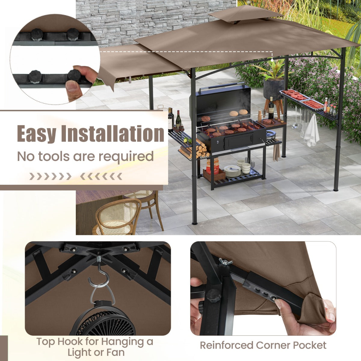 LIVSK Grillpaviljoen met Zijluifel - Dubbeldak - Roestvrijstalen Frame - Vlamvertragend Polyester - 318 x 153 x 250 cm - Bruin