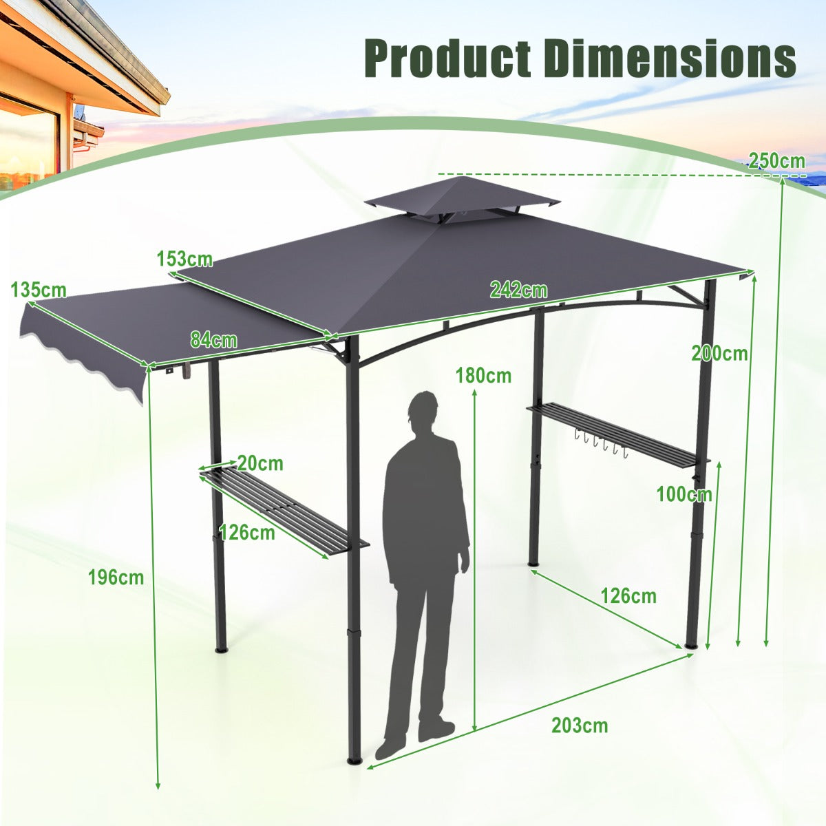 LIVSK Grillpaviljoen met Zijluifel - Dubbeldak - Roestvrijstalen Frame - Eenvoudige Installatie - 318 x 153 x 250 cm - Donkergrijs
