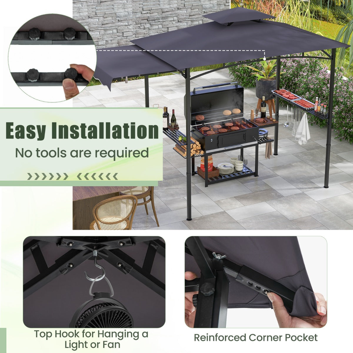 LIVSK Grillpaviljoen met Zijluifel - Dubbeldak - Roestvrijstalen Frame - Eenvoudige Installatie - 318 x 153 x 250 cm - Donkergrijs