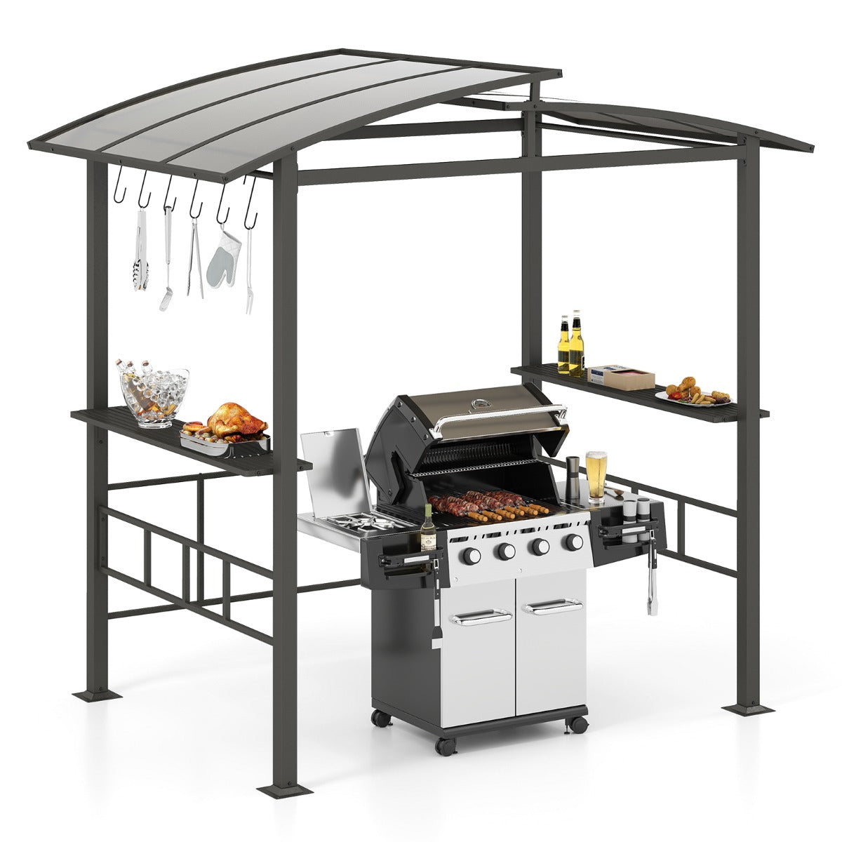 LIVSK Hardtop-Grillpaviljoen - Polycarbonaat Dak - 2 Zijplanken en 6 Ophanghaken - Stabiel en Veilig - 248 x 150 x 232 cm - Zwart