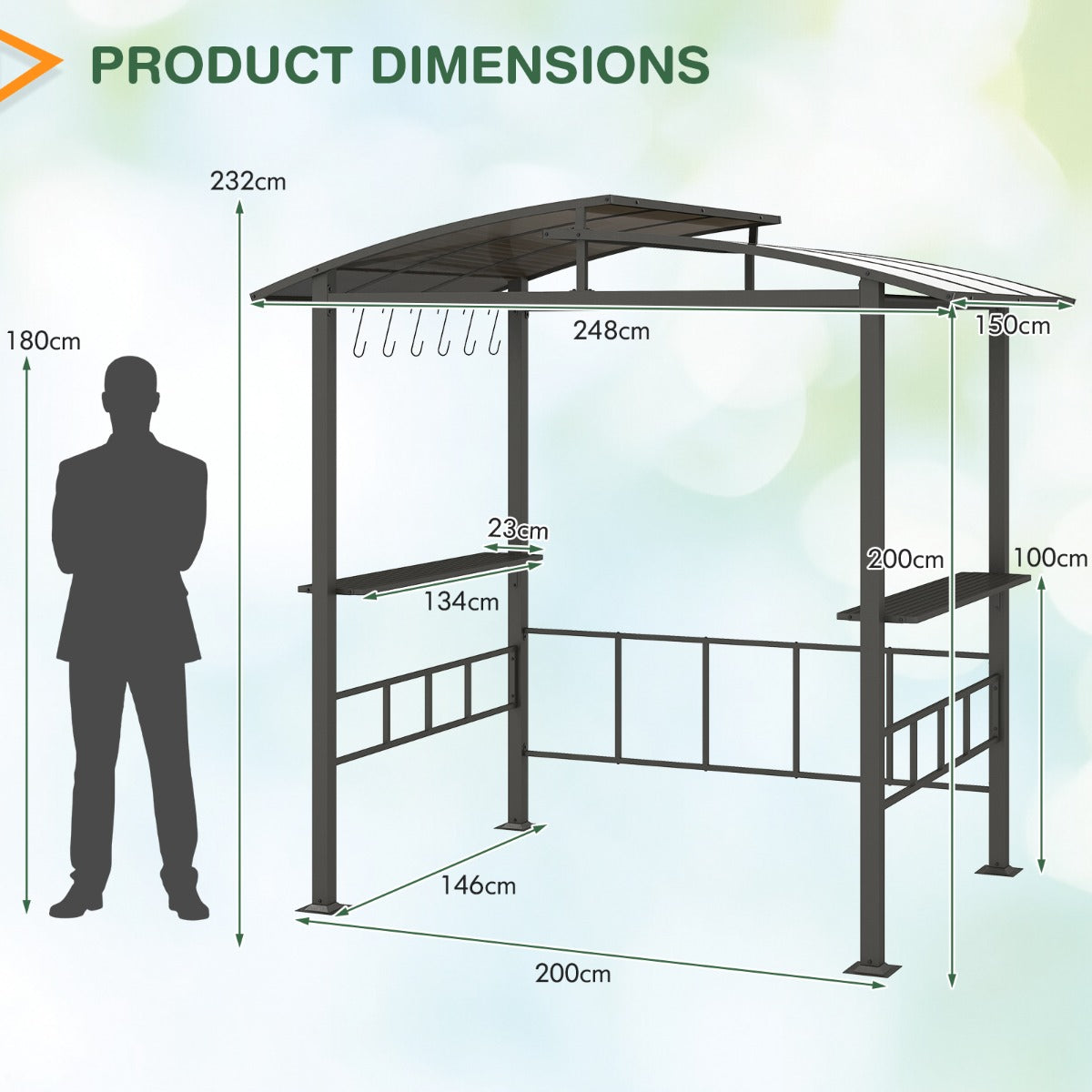 LIVSK Hardtop-Grillpaviljoen - Polycarbonaat Dak - 2 Zijplanken en 6 Ophanghaken - Stabiel en Veilig - 248 x 150 x 232 cm - Zwart