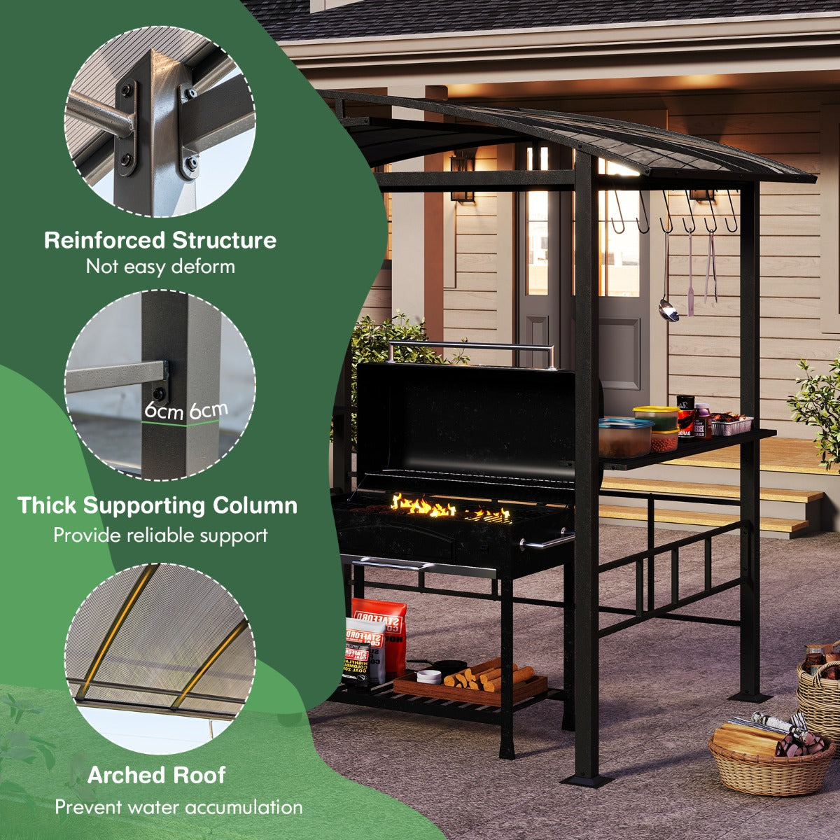 LIVSK Hardtop-Grillpaviljoen - Polycarbonaat Dak - 2 Zijplanken en 6 Ophanghaken - Stabiel en Veilig - 248 x 150 x 232 cm - Zwart