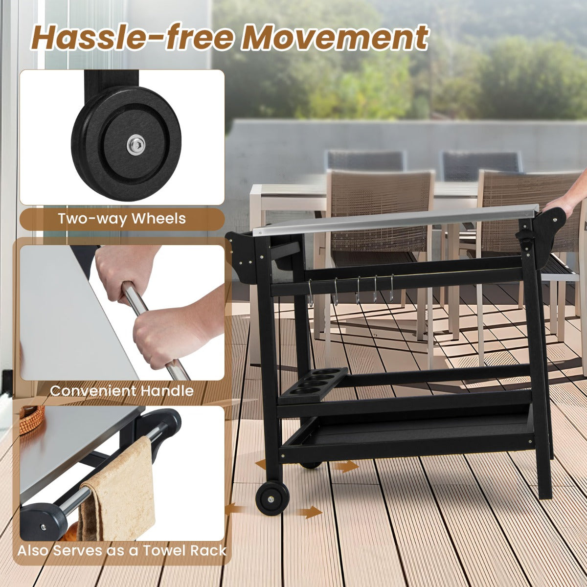 LIVSK Verrijdbare Tafel - Roestvrij Staal en HDPE - Wielen in 2 Richtingen - Opbergruimte - Ideaal voor Binnen en Buiten - Zwart