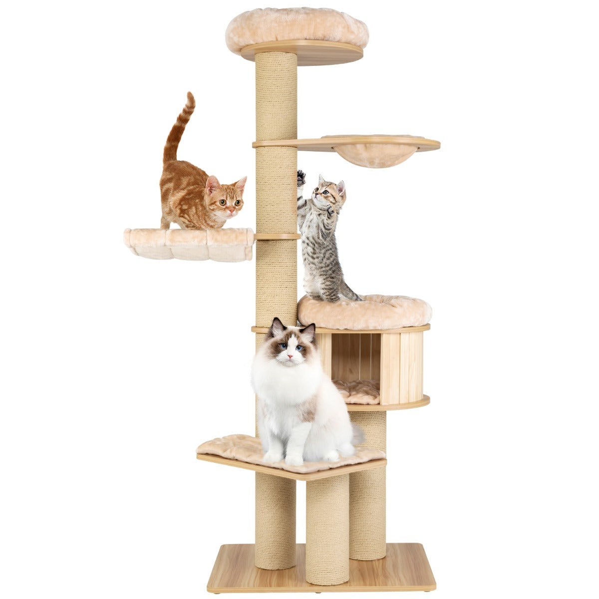 LIVSK Krabpaal voor Katten - Multi-Level met Hangmat en Mand - Veilig en Stevig - Wasbare Kussens - 75 x 56 x 191 cm - Beige