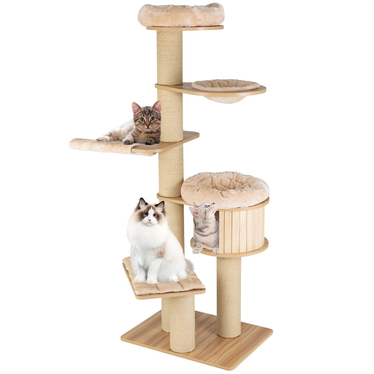 LIVSK Krabpaal voor Katten - Multi-Level met Hangmat en Mand - Veilig en Stevig - Wasbare Kussens - 75 x 56 x 191 cm - Beige