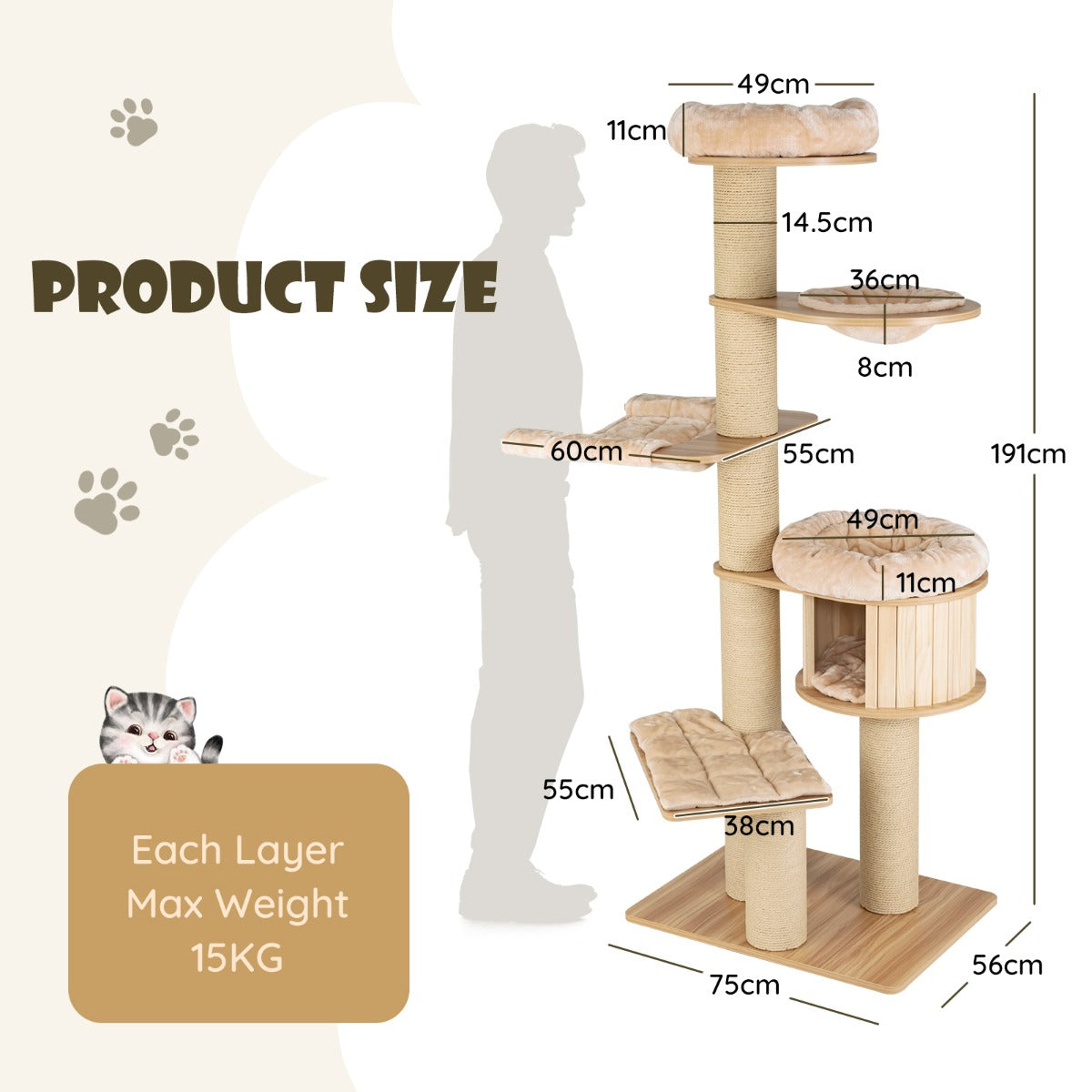 LIVSK Krabpaal voor Katten - Multi-Level met Hangmat en Mand - Veilig en Stevig - Wasbare Kussens - 75 x 56 x 191 cm - Beige