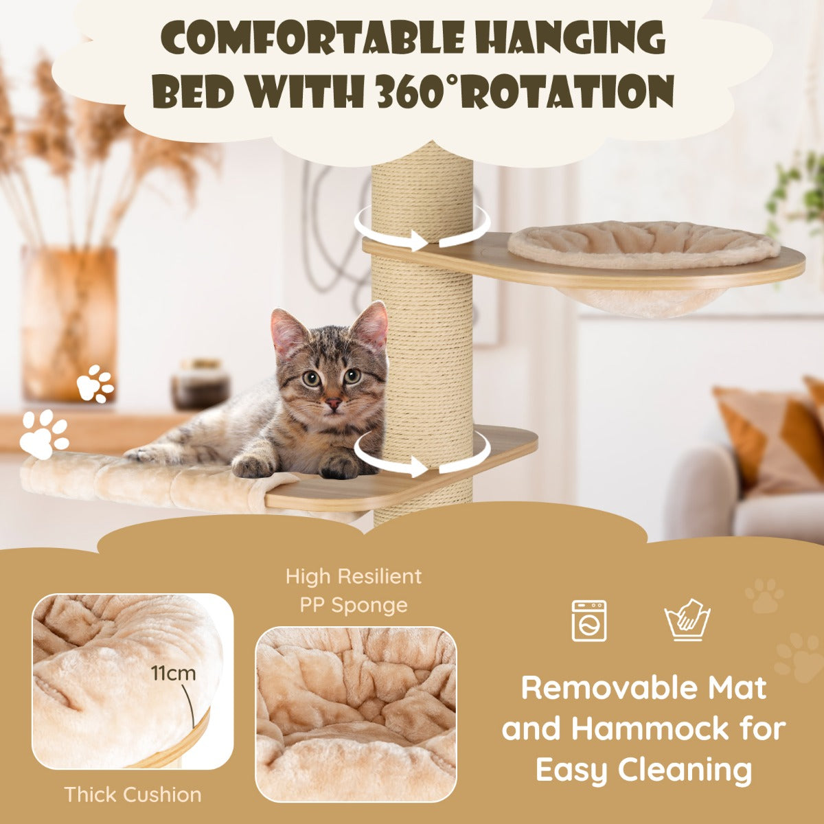 LIVSK Krabpaal voor Katten - Multi-Level met Hangmat en Mand - Veilig en Stevig - Wasbare Kussens - 75 x 56 x 191 cm - Beige