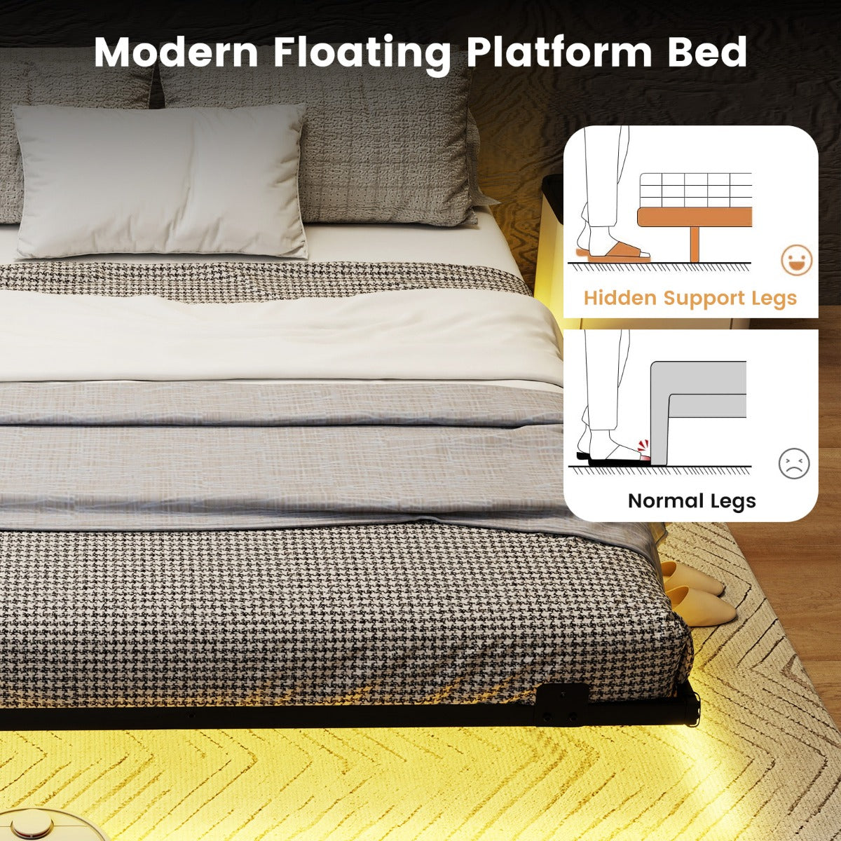Livsk costway groot zwevend bedframe met ledverlichting modern metalen bedframe l 2