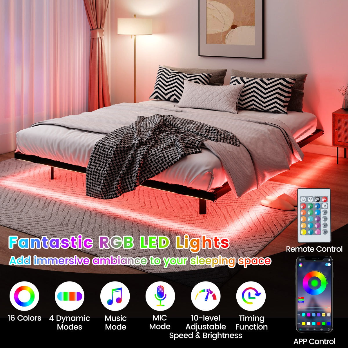 Livsk costway groot zwevend bedframe met ledverlichting modern metalen bedframe l 6