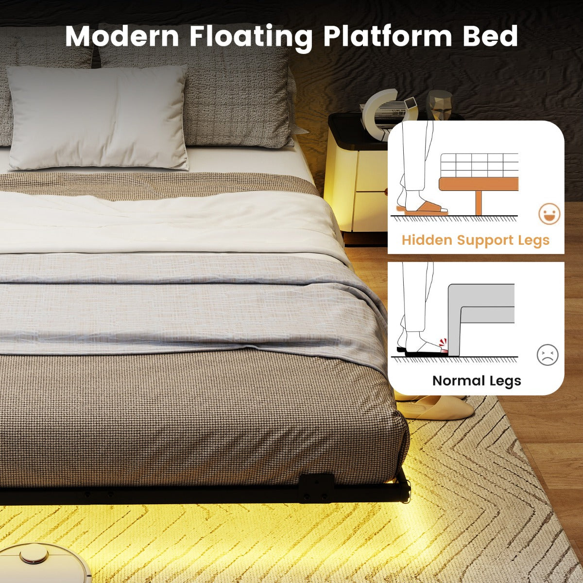 Livsk costway groot zwevend bedframe met ledverlichting modern metalen bedframe m 2