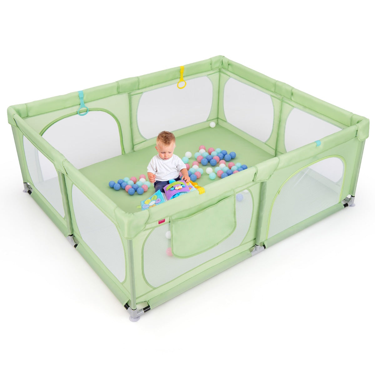 LIVSK Grote Babybox met 50 Oceaanballen - 4 Trekringen - Veiligheidsdeuren met Rits - Draagbare Tas - 190 x 158 x 68 cm - Groen