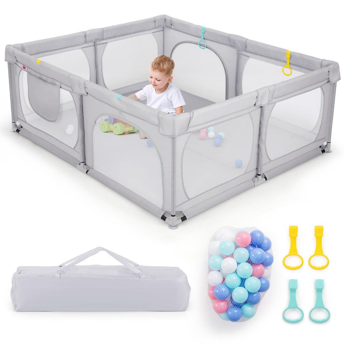 LIVSK Grote Babybox met 50 Oceaanballen - 4 Trekringen - Veiligheidsdeuren met Rits - Opbergvak - 190 x 158 x 68 cm - Lichtgrijs
