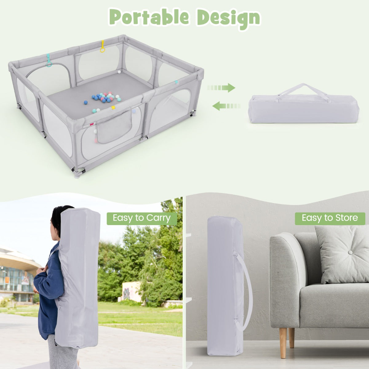 LIVSK Grote Babybox met 50 Oceaanballen - 4 Trekringen - Veiligheidsdeuren met Rits - Opbergvak - 190 x 158 x 68 cm - Lichtgrijs