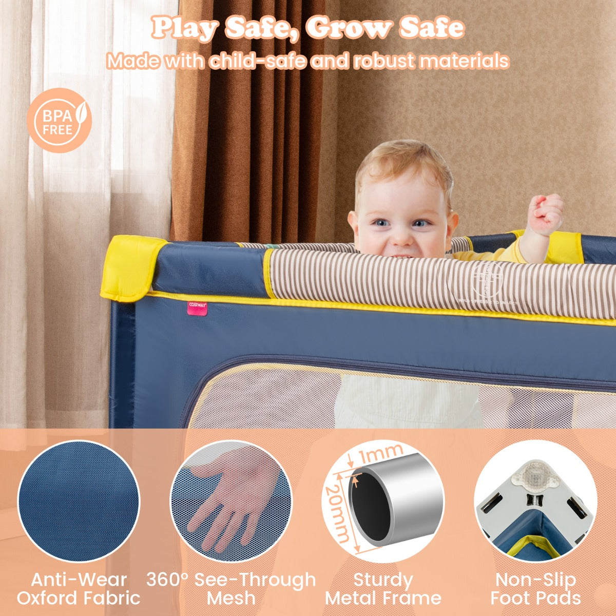 Livsk costway grote babybox opvouwbaar peuterveiligheidshek met ritssluiting 50 zeeballen en 4 hijsringen binnen en buitenactiviteitencentrum donkerblauw 4