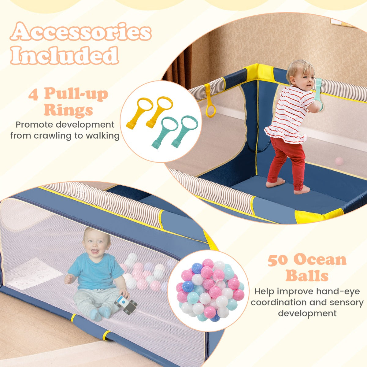Livsk costway grote babybox opvouwbaar peuterveiligheidshek met ritssluiting 50 zeeballen en 4 hijsringen binnen en buitenactiviteitencentrum donkerblauw 6