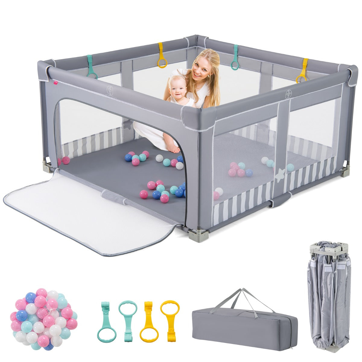 LIVSK Grote Babybox - Opvouwbaar met Anti-botsingsschuim - Inclusief 50 Zeeballen en 4 Hijsringen - 150 x 150 x 76,5 cm - Grijs