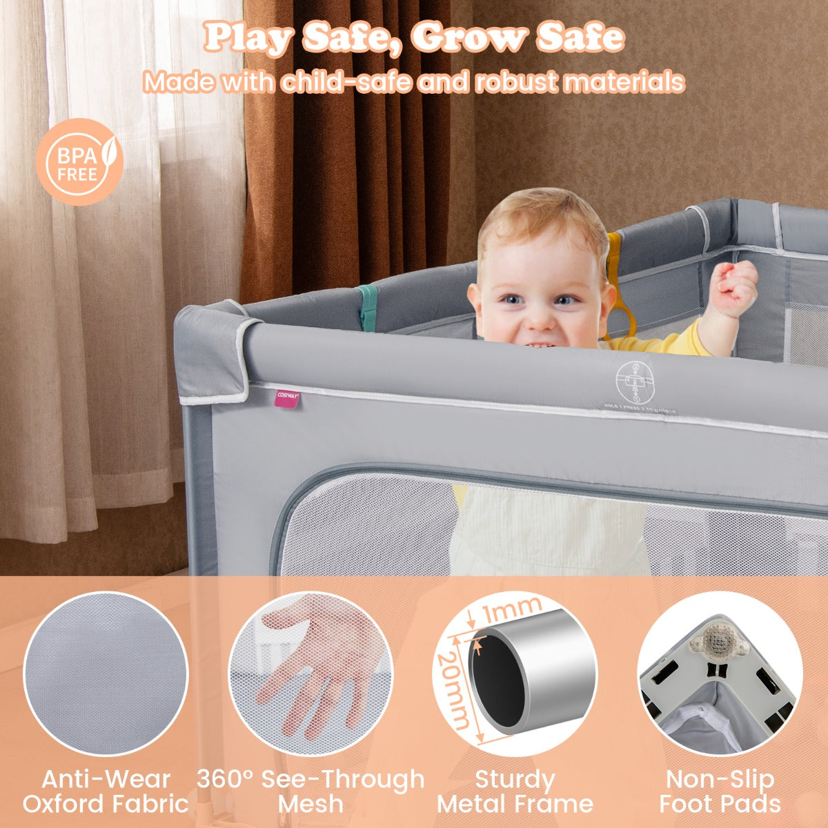 LIVSK Grote Babybox - Opvouwbaar met Anti-botsingsschuim - Inclusief 50 Zeeballen en 4 Hijsringen - 150 x 150 x 76,5 cm - Grijs