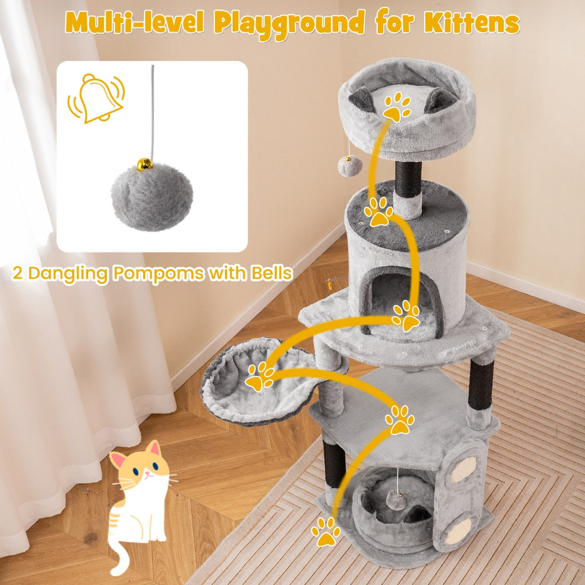 LIVSK Kattenboom met Meerdere Verdiepingen - Sisal Krabpalen - Hangmat en Zitstok - Veilig en Ruimtebesparend - Grijs en Zwart