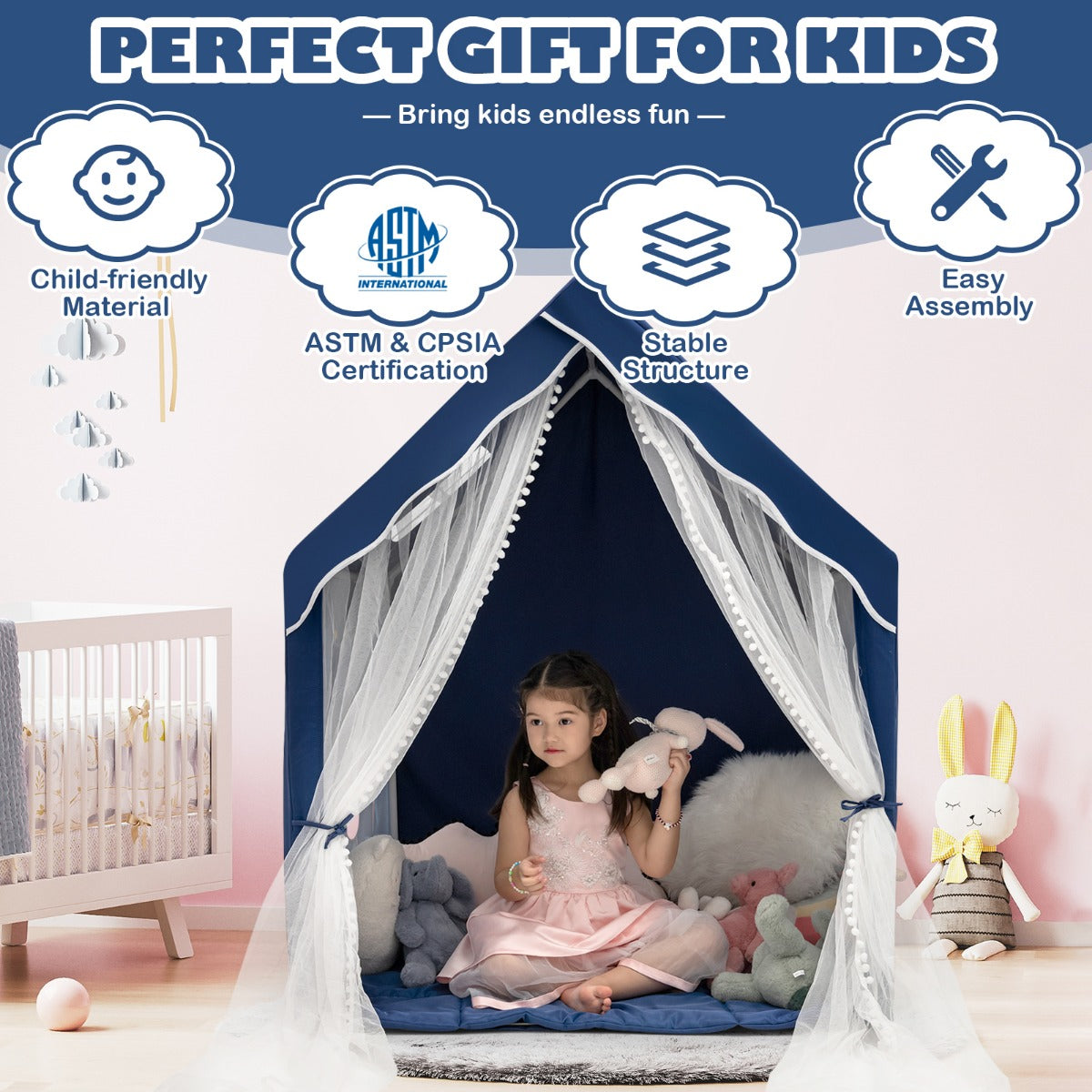 LIVSK Kinderspeeltent met Gewatteerde Mat - Ruimte voor 2-3 Kinderen - Mesh Ramen - Duurzaam PVC - 121 x 105 x 137 cm - Blauw