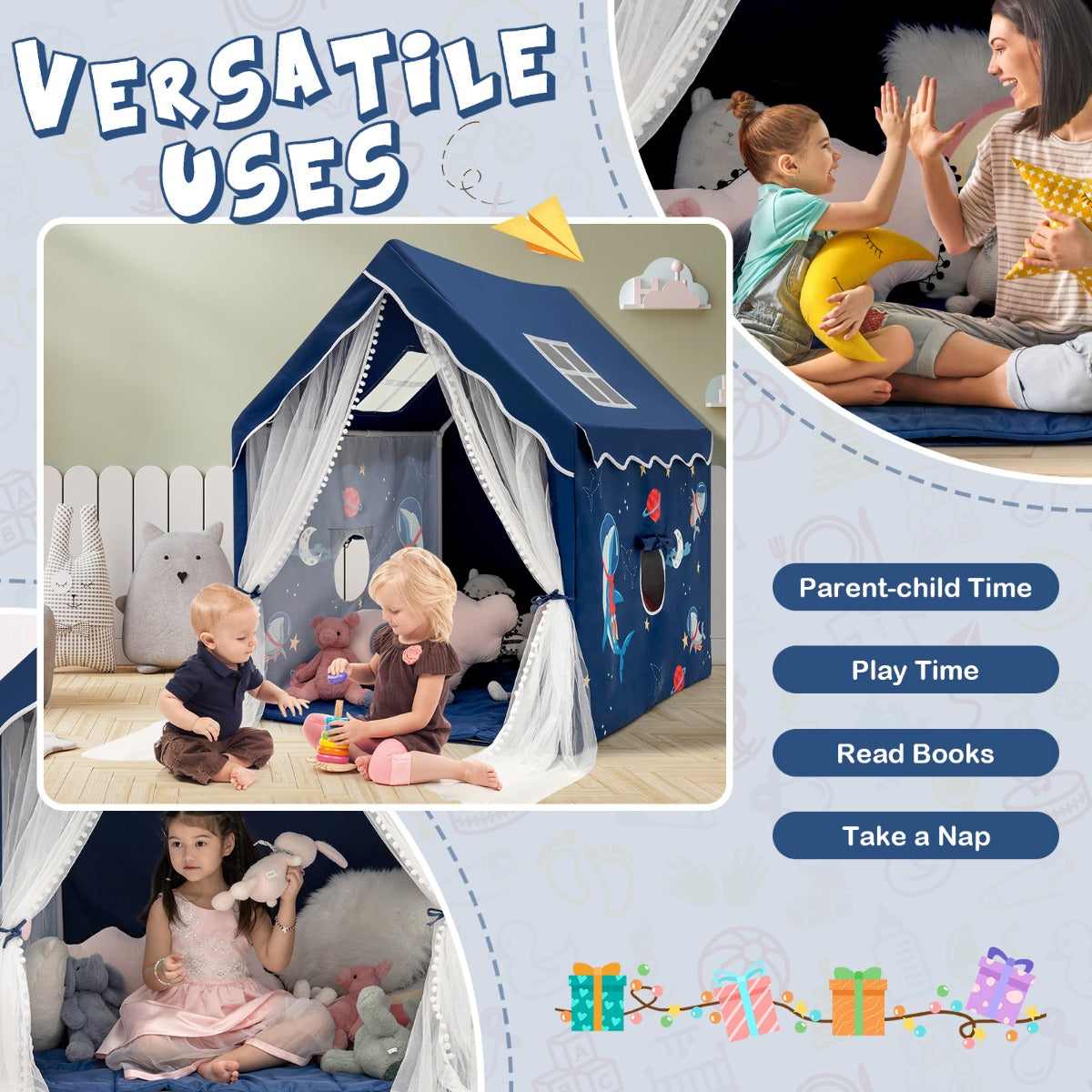 LIVSK Kinderspeeltent met Gewatteerde Mat - Ruimte voor 2-3 Kinderen - Mesh Ramen - Duurzaam PVC - 121 x 105 x 137 cm - Blauw
