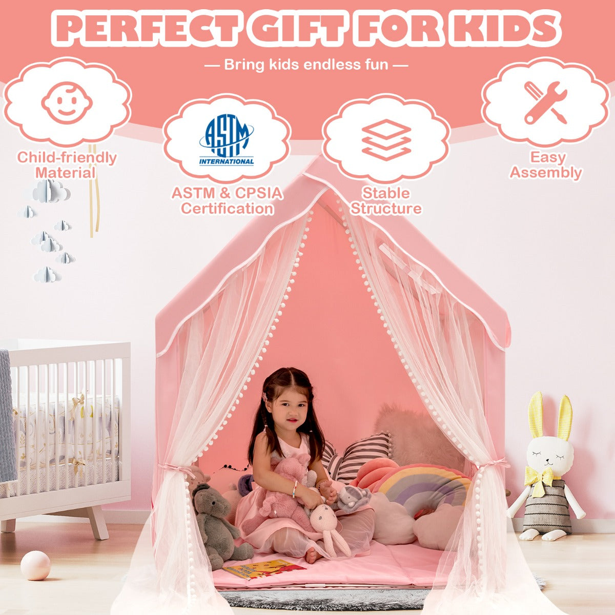 LIVSK Binnenspeeltent voor Kinderen - Ruimte voor 2-3 - Mesh Ramen - Comfortabele Mat - Duurzaam - 121 x 105 x 137 cm - Roze