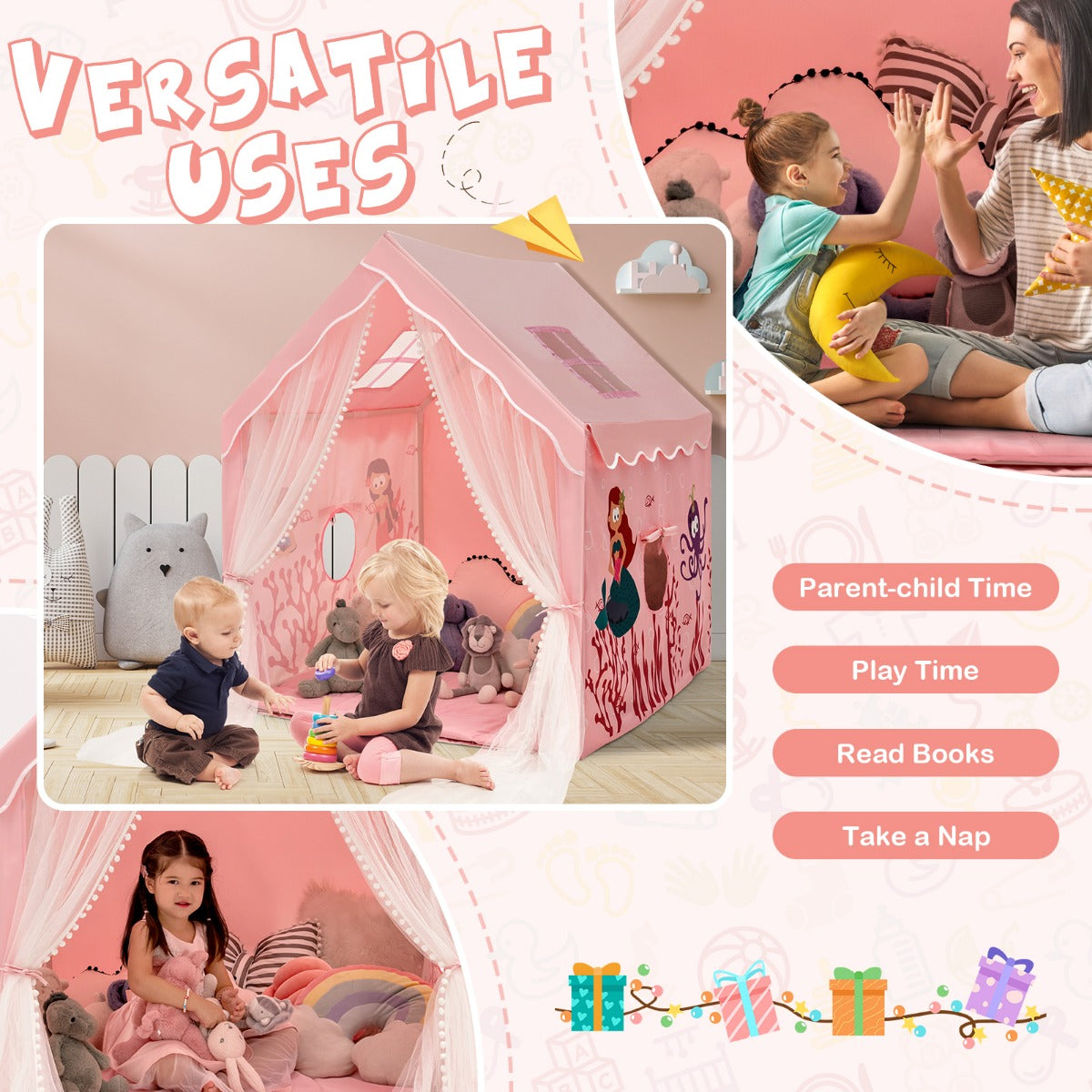LIVSK Binnenspeeltent voor Kinderen - Ruimte voor 2-3 - Mesh Ramen - Comfortabele Mat - Duurzaam - 121 x 105 x 137 cm - Roze