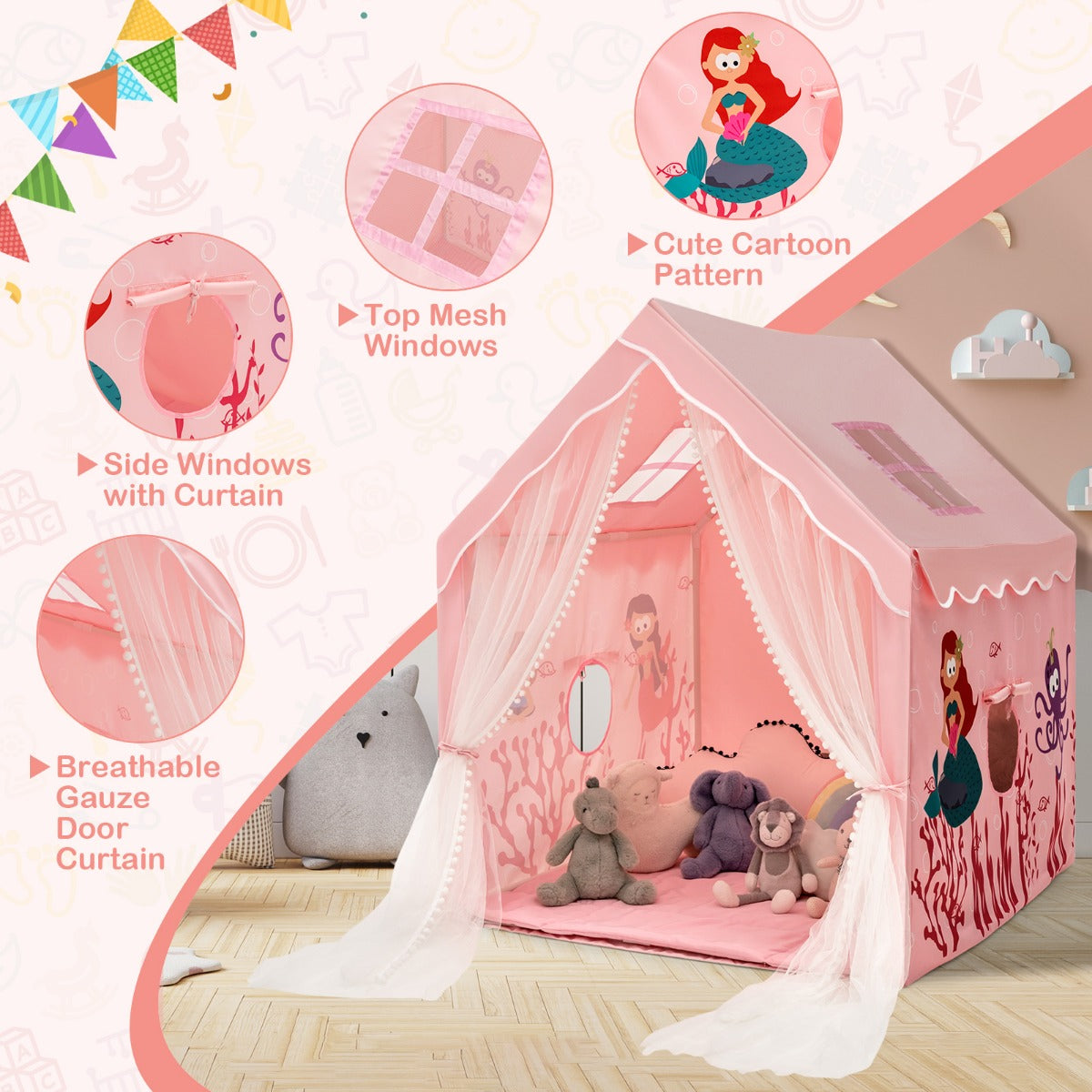 LIVSK Binnenspeeltent voor Kinderen - Ruimte voor 2-3 - Mesh Ramen - Comfortabele Mat - Duurzaam - 121 x 105 x 137 cm - Roze