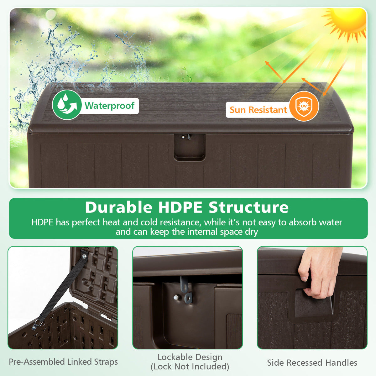 LIVSK Opbergbox 400 L - Duurzaam HDPE - Zonbeschermend - Handgrepen - Eenvoudig te monteren - Bruin