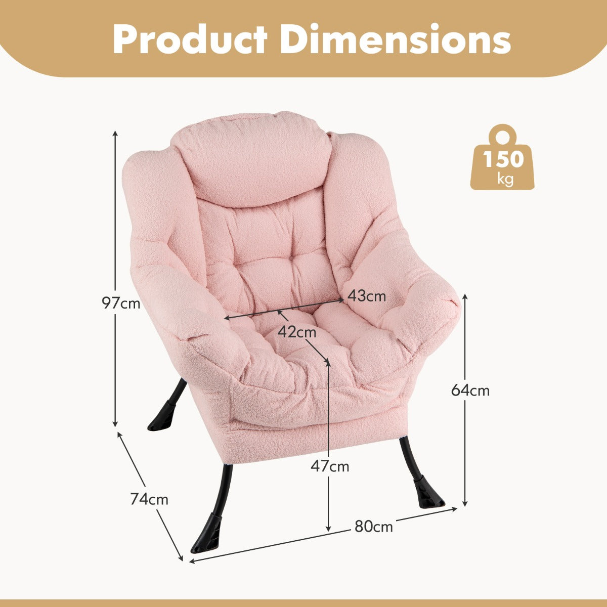 LIVSK Vrijetijdsstoel - Ergonomisch Ontwerp met Sherpa Bekleding - Metalen Frame - Zijvak - Tot 150 kg - Beige