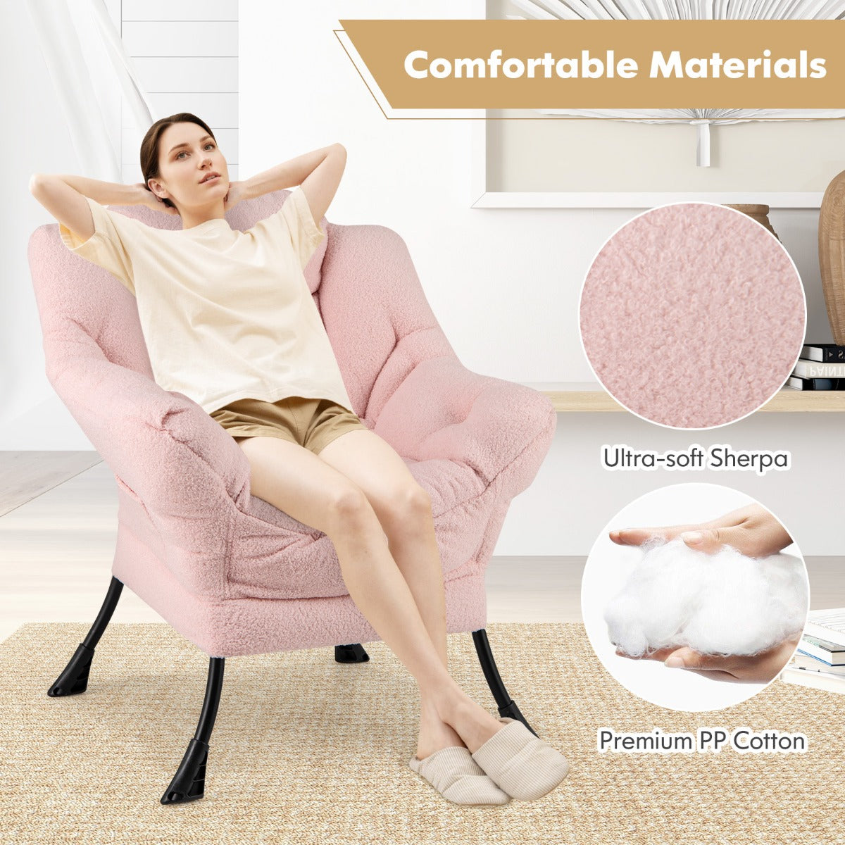 LIVSK Vrijetijdsstoel - Ergonomisch Ontwerp met Sherpa Bekleding - Metalen Frame - Zijvak - Tot 150 kg - Beige