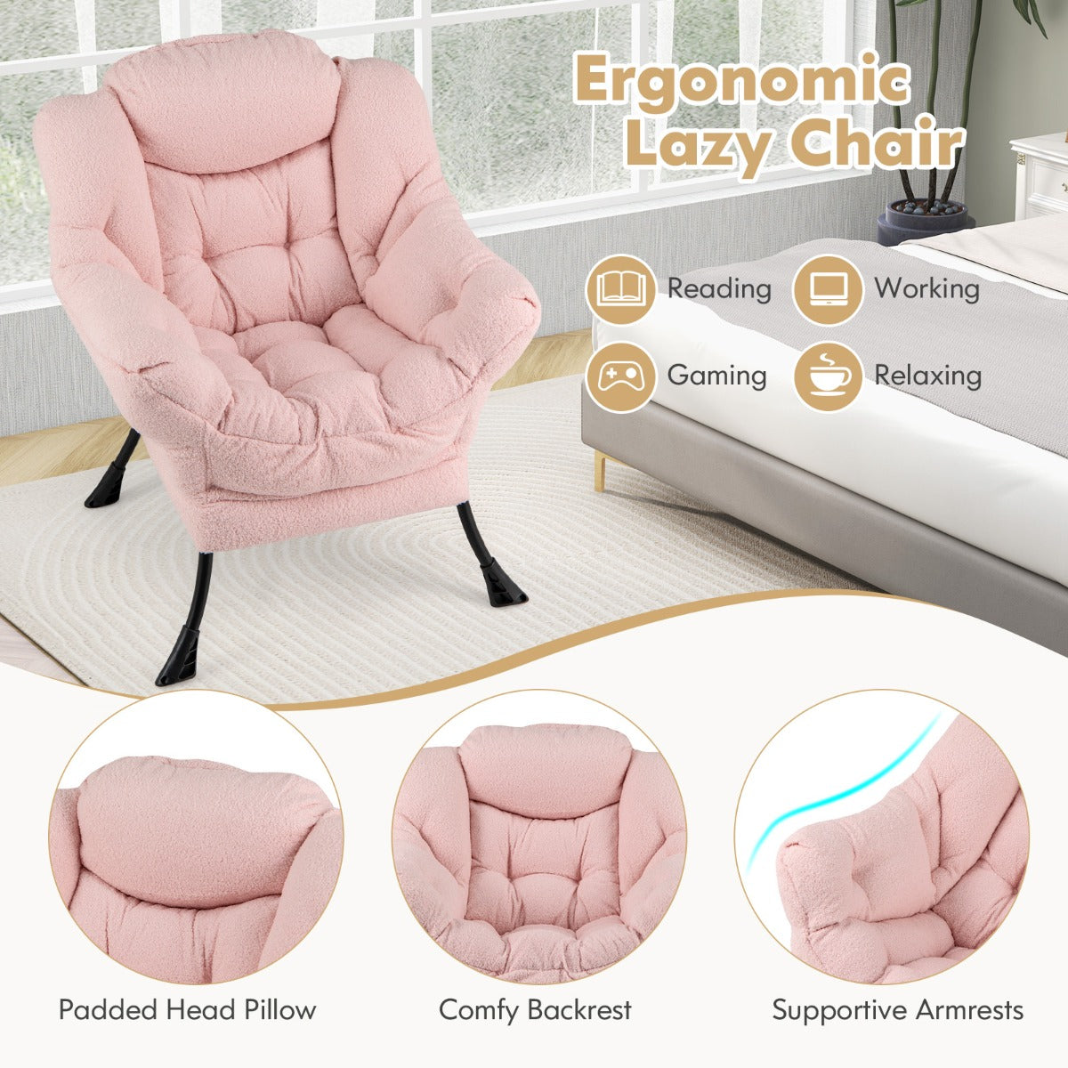 LIVSK Vrijetijdsstoel - Ergonomisch Ontwerp met Sherpa Bekleding - Metalen Frame - Zijvak - Tot 150 kg - Beige