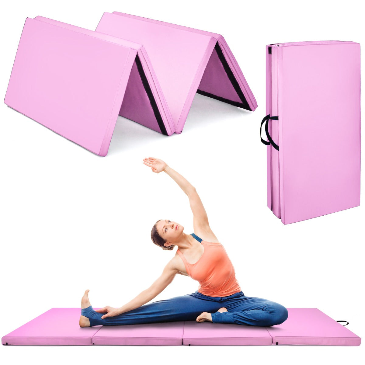 LIVSK Opvouwbare Gymnastiekmat - 240 x 116 x 5 cm - EPE-schuim - Waterdichte PU-hoes - Klittenband voor combinatie - Roze