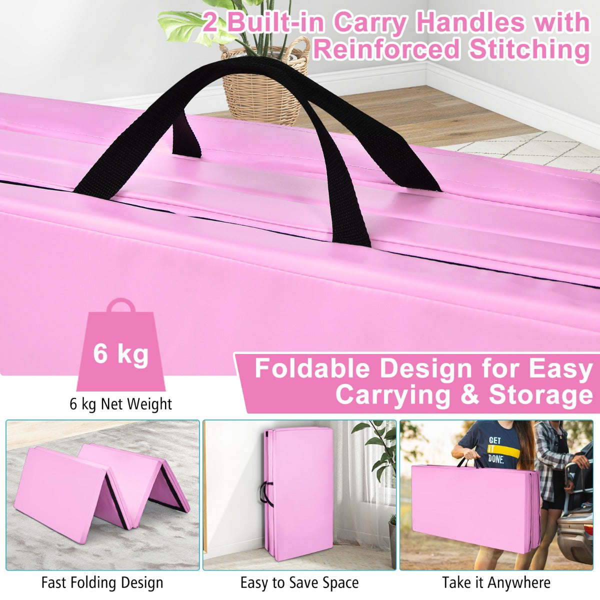 LIVSK Opvouwbare Gymnastiekmat - 240 x 116 x 5 cm - EPE-schuim - Waterdichte PU-hoes - Klittenband voor combinatie - Roze