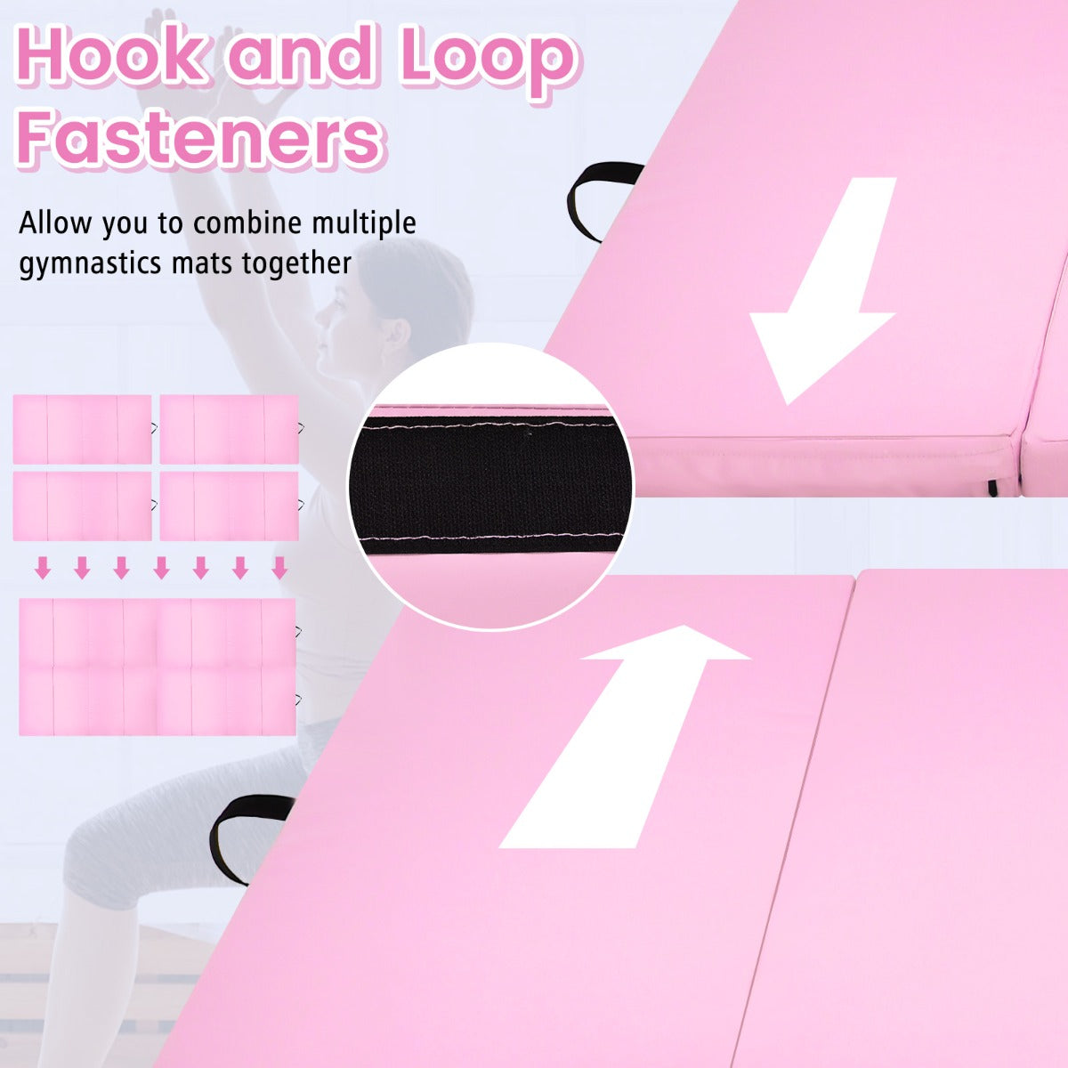 LIVSK Opvouwbare Gymnastiekmat - 240 x 116 x 5 cm - EPE-schuim - Waterdichte PU-hoes - Klittenband voor combinatie - Roze