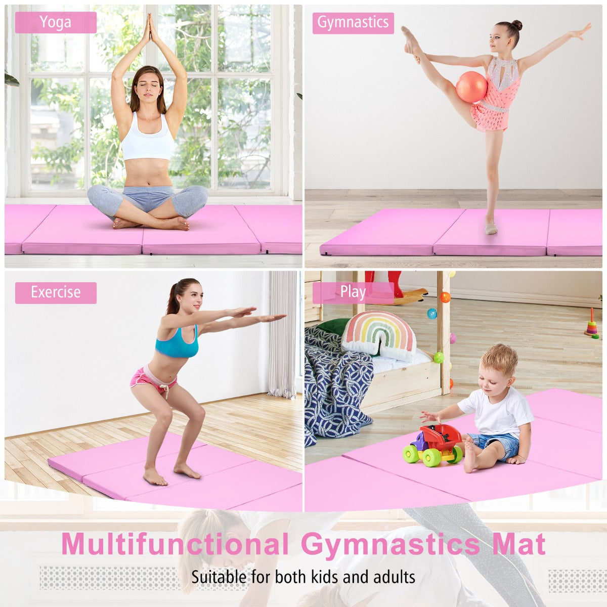 LIVSK Opvouwbare Gymnastiekmat - 240 x 116 x 5 cm - EPE-schuim - Waterdichte PU-hoes - Klittenband voor combinatie - Roze